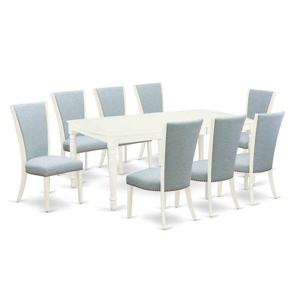 East West Furniture DOVE9-LWH-15 9 Piece Kitchen Table Set Includes a Rectangle Dining Table with Butterfly Leaf and 8 Baby Blue Linen Fabric Parson Dining Chairs, 42x78 Inch, Linen White