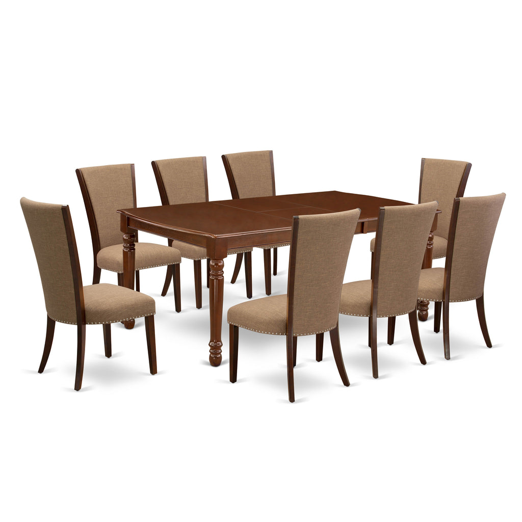 East West Furniture DOVE9-MAH-47 9 Piece Dining Set Includes a Rectangle Dining Room Table with Butterfly Leaf and 8 Light Sable Linen Fabric Upholstered Chairs, 42x78 Inch, Mahogany