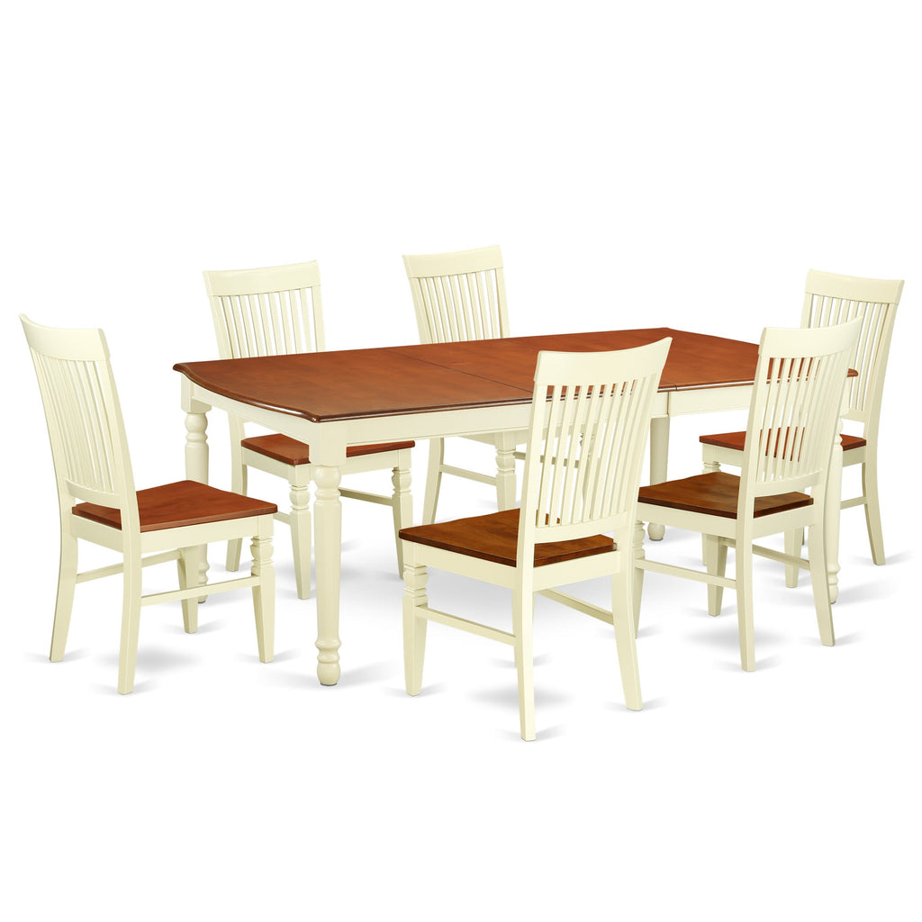 East West Furniture DOWE7-BMK-W 7 Piece Kitchen Table Set Consist of a Rectangle Dining Table with Butterfly Leaf and 6 Dining Room Chairs, 42x78 Inch, Buttermilk & Cherry