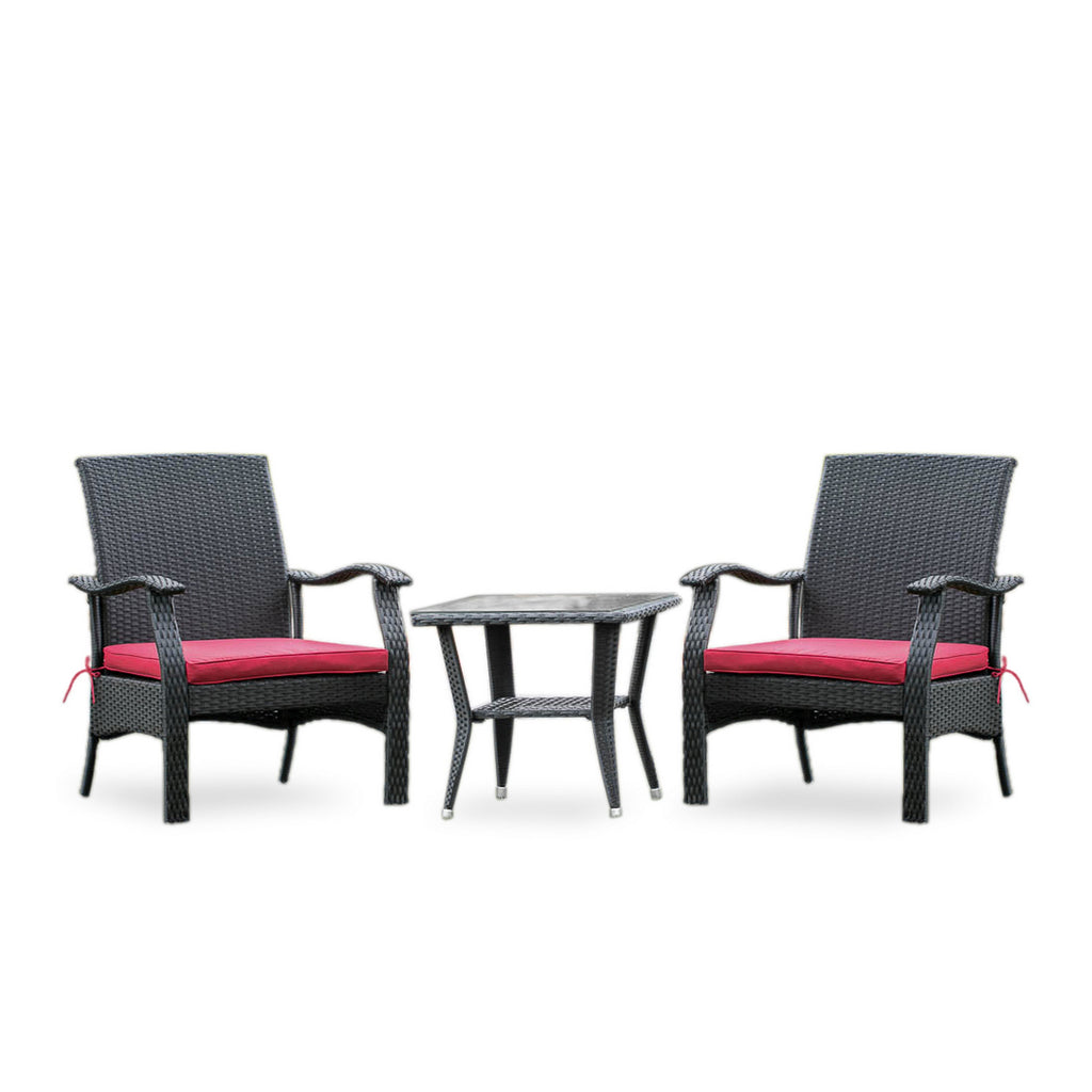 East West Furniture DTL3C01B 3 Piece Patio Furniture Sets Outdoor Wicker Set Contains a Rectangle Wicker Tea Table with Glass Top and 2 Balcony Armchair with Cushion, Small, Black