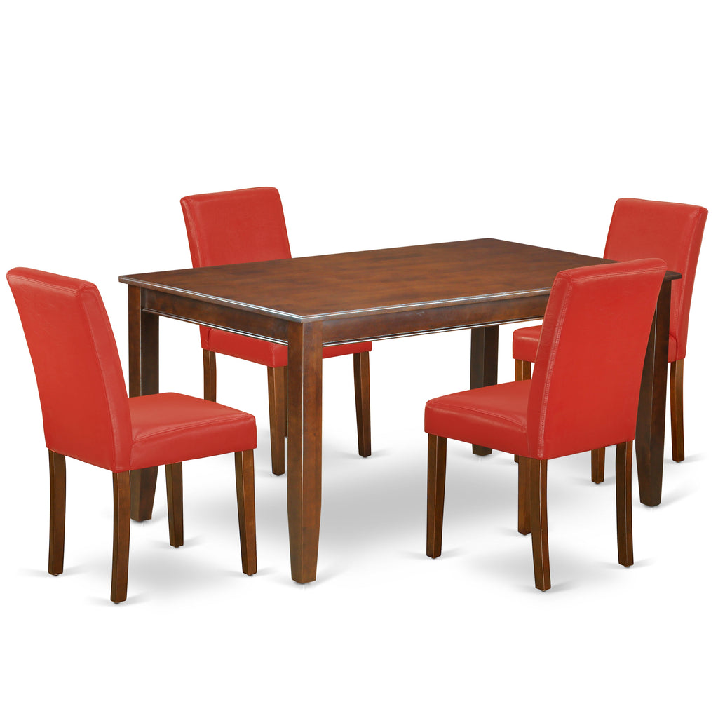 East West Furniture DUAB5-MAH-72 5 Piece Dinette Set for 4 Includes a Rectangle Dining Table and 4 Firebrick Red Faux Leather Parson Dining Room Chairs, 36x60 Inch, Mahogany