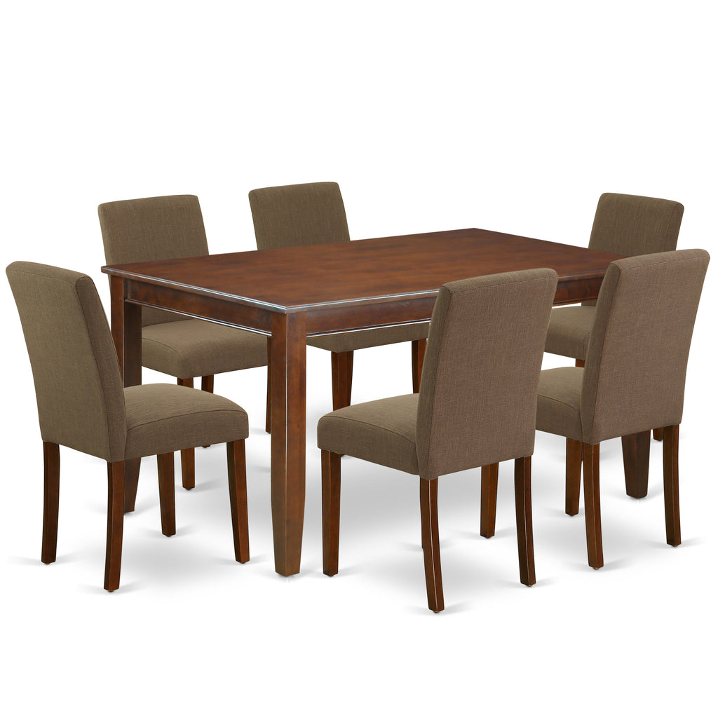 East West Furniture DUAB7-MAH-18 7 Piece Dining Room Table Set Consist of a Rectangle Kitchen Table and 6 Coffee Linen Fabric Parson Dining Chairs, 36x60 Inch, Mahogany