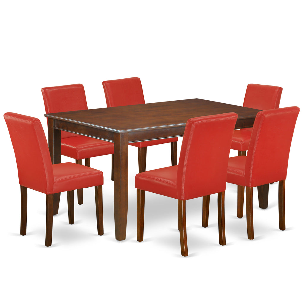 East West Furniture DUAB7-MAH-72 7 Piece Dining Set Consist of a Rectangle Dining Room Table and 6 Firebrick Red Faux Leather Upholstered Parson Chairs, 36x60 Inch, Mahogany