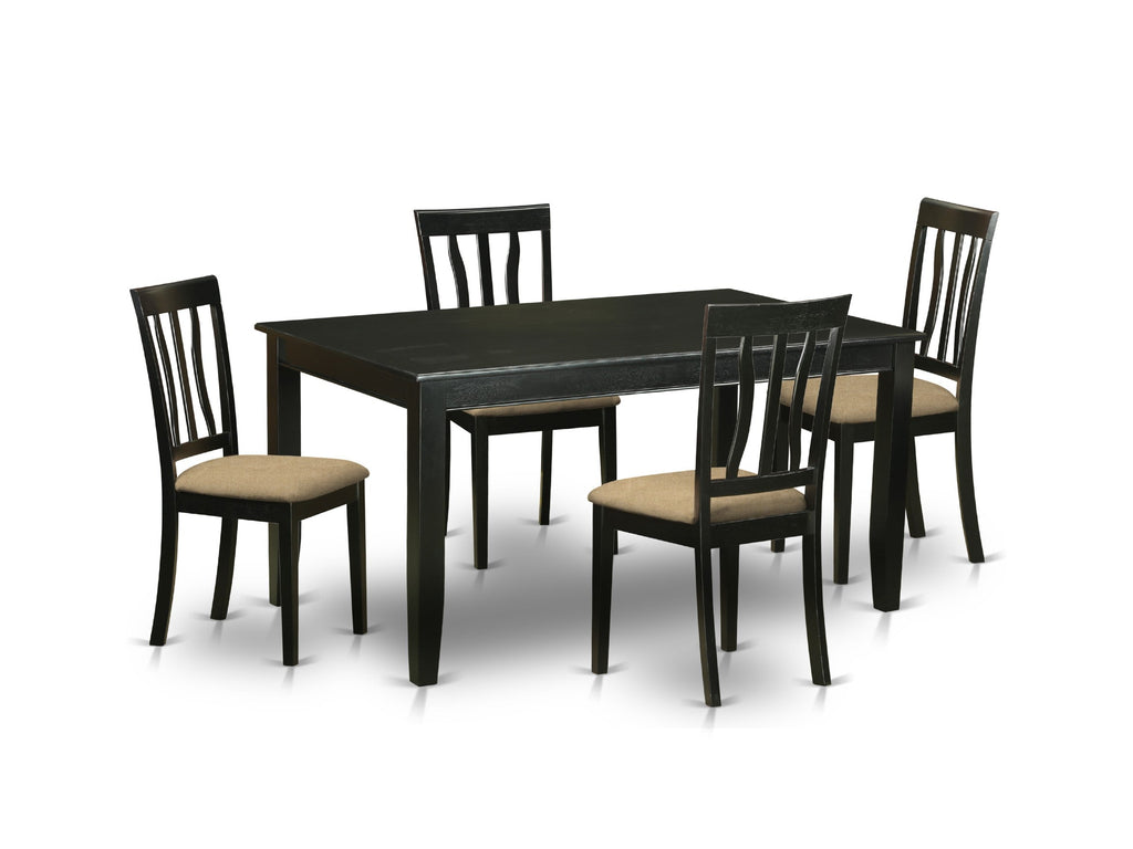 East West Furniture DUAN5-BLK-C 5 Piece Dining Room Furniture Set Includes a Rectangle Kitchen Table and 4 Linen Fabric Upholstered Dining Chairs, 36x60 Inch, Black