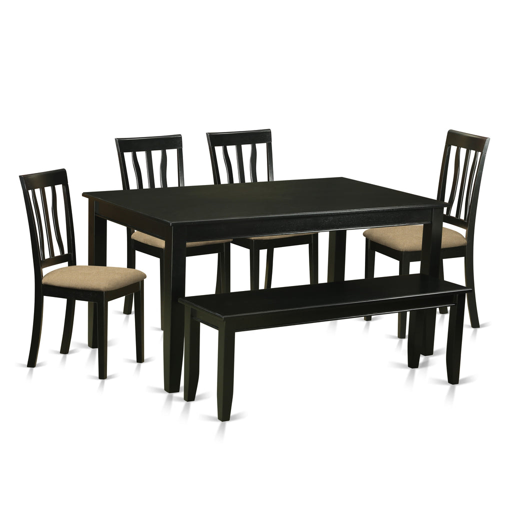 East West Furniture DUAN6-BLK-C 6 Piece Dining Room Table Set Contains a Rectangle Kitchen Table and 4 Linen Fabric Dining Chairs with a Bench, 36x60 Inch, Black