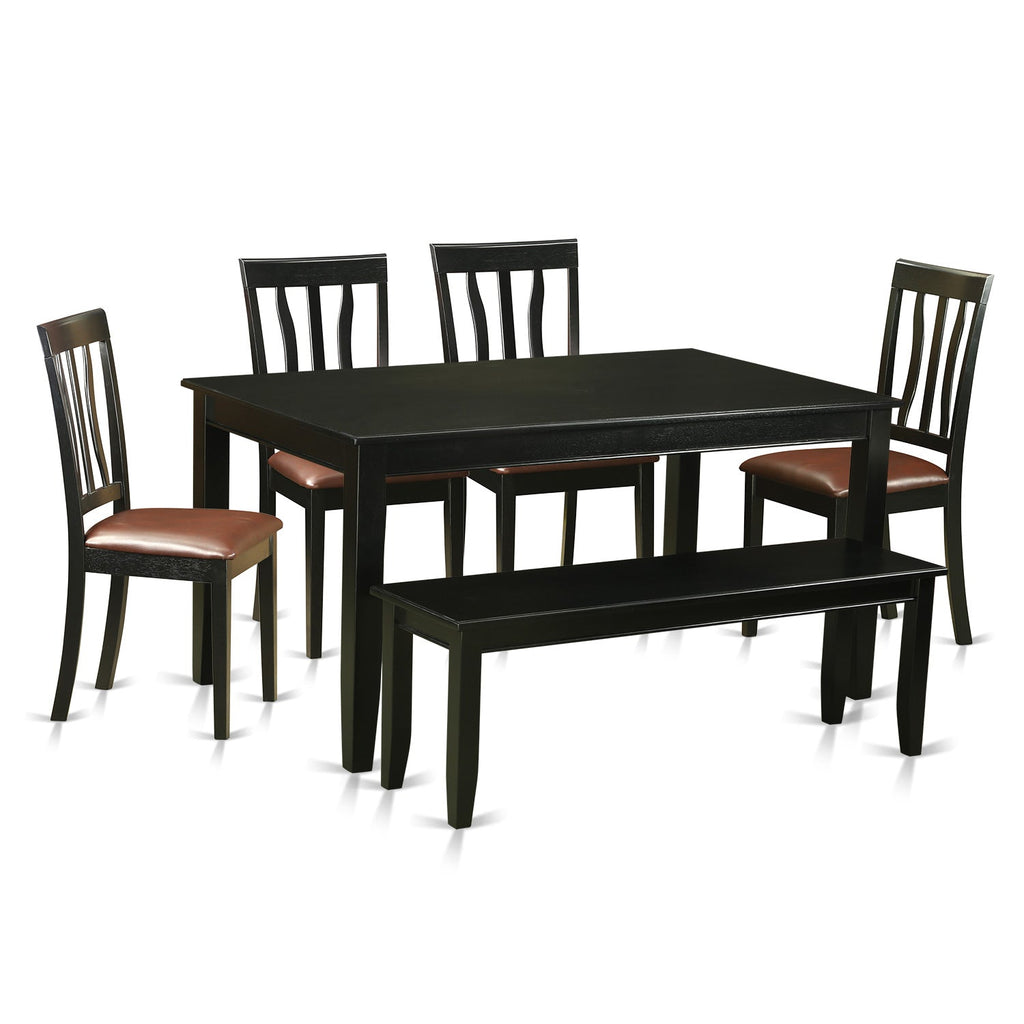 East West Furniture DUAN6-BLK-LC 6 Piece Kitchen Table & Chairs Set Contains a Rectangle Dining Table and 4 Faux Leather Dining Room Chairs with a Bench, 36x60 Inch, Black