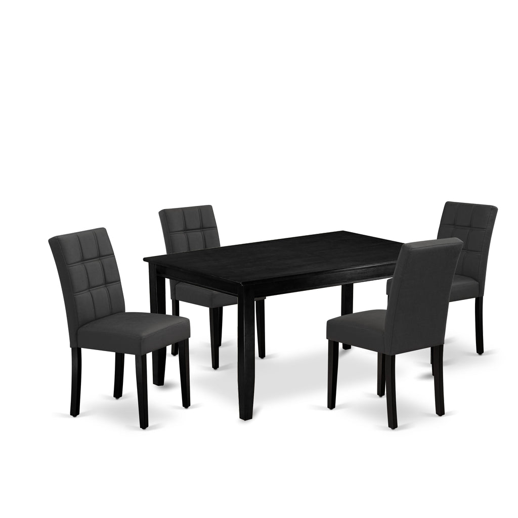 East West Furniture DUAS5-BLK-12 5 Piece Dining Table Set consists A Modren Table and 4 Dark Gray Faux Leather Wooden Chairs with Stylish Back- Black Finish