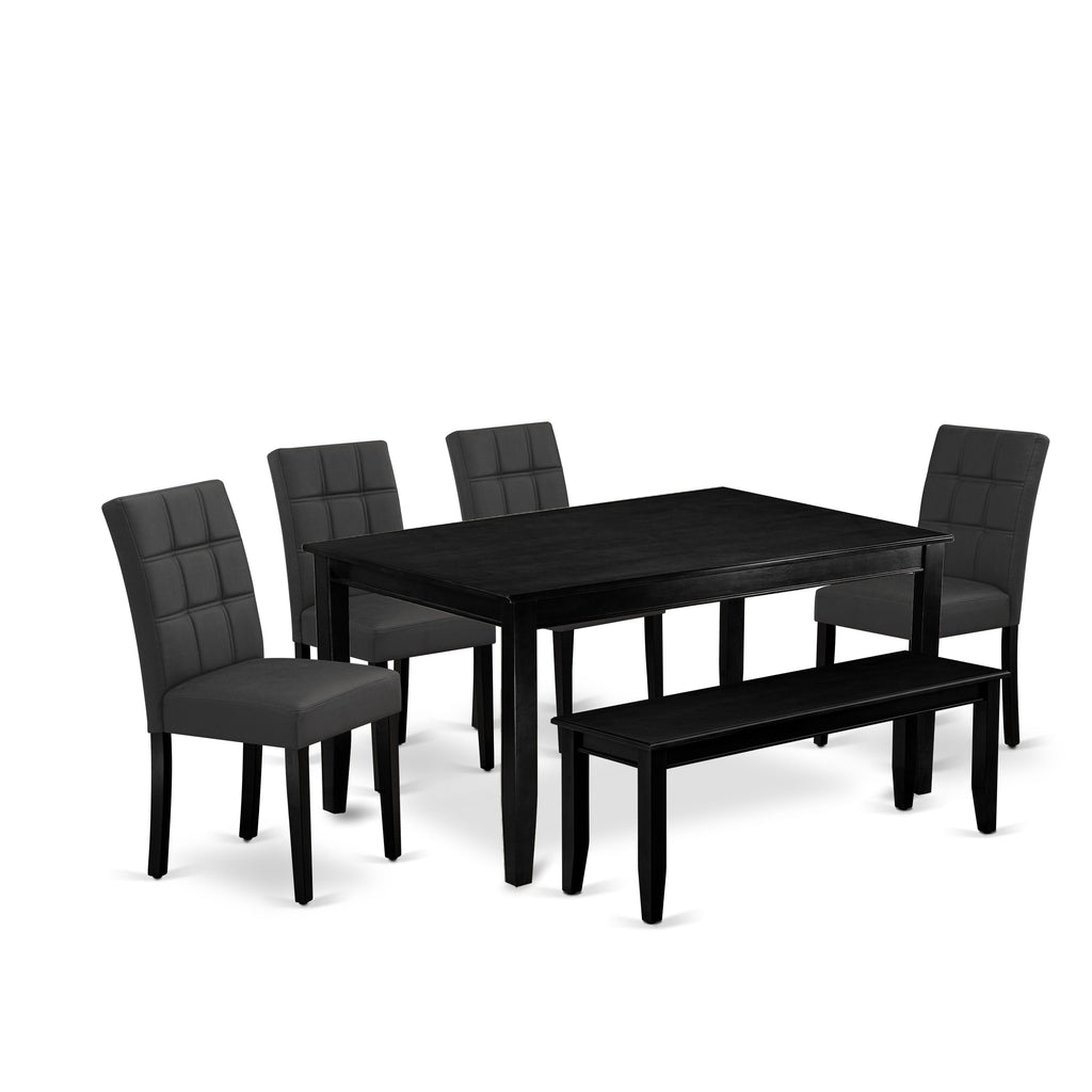 East West Furniture DUAS6-BLK-12 6 Piece Dinner Table Set contain A Kitchen Table and a Dining Bench 4 Dark Gray Faux Leather Person Chairs with Stylish Back- Black Finish