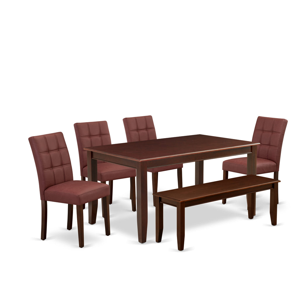 East West Furniture DUAS6-MAH-26 6 Piece Dining Room Set contain A Wood Table, a Bench and 4 Burgundy Faux Leather Dining Room Chairs, Mahogany