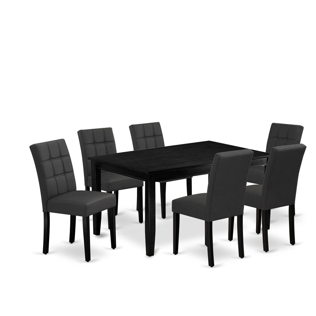 East West Furniture DUAS7-BLK-12 7 Piece Dining Table Set Includes A Kitchen Table and 6 Dark Gray Faux Leather Wooden Chairs with Stylish Back- Black Finish