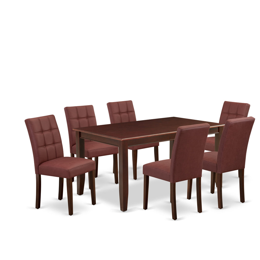 East West Furniture DUAS7-MAH-26 7 Piece Table Set consists A Modern Dining Table and 6 Burgundy Faux Leather Kitchen Chairs, Mahogany