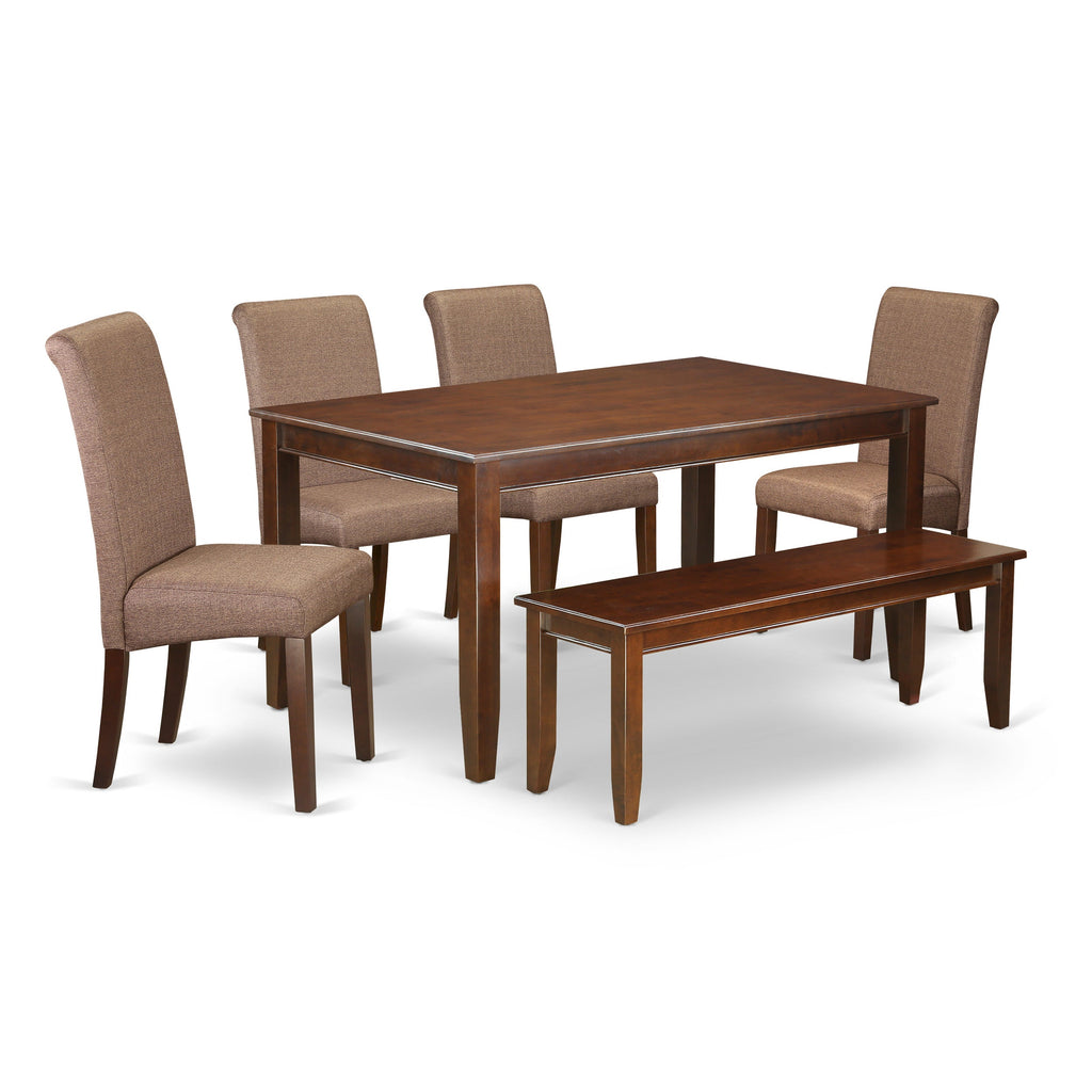 East West Furniture DUBA6-MAH-18 6 Piece Kitchen Table & Chairs Set Contains a Rectangle Dining Room Table and 4 Brown Linen Linen Fabric Parson Chairs with a Bench, 36x60 Inch, Mahogany