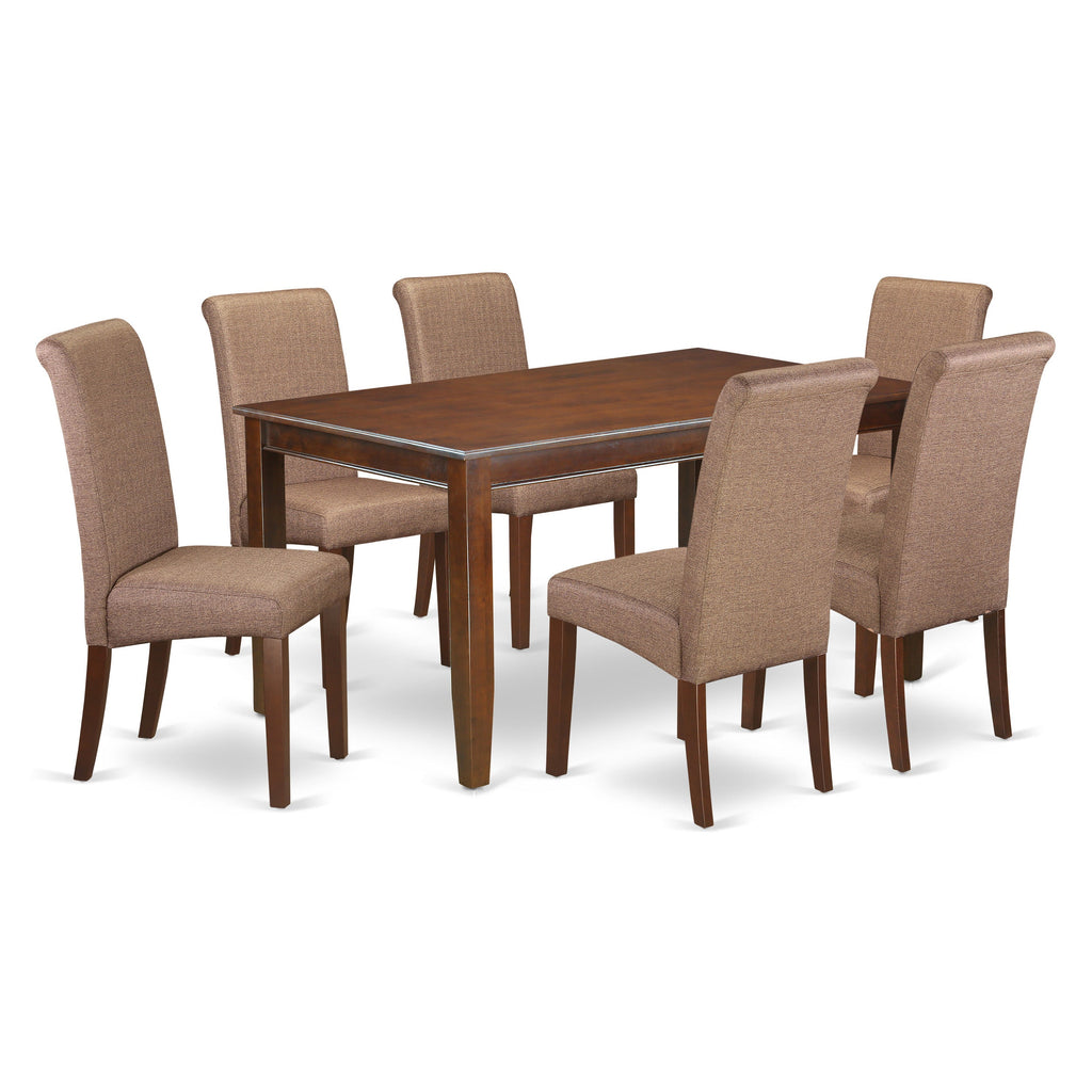 East West Furniture DUBA7-MAH-18 7 Piece Modern Dining Table Set Consist of a Rectangle Wooden Table and 6 Brown Linen Linen Fabric Upholstered Parson Chairs, 36x60 Inch, Mahogany