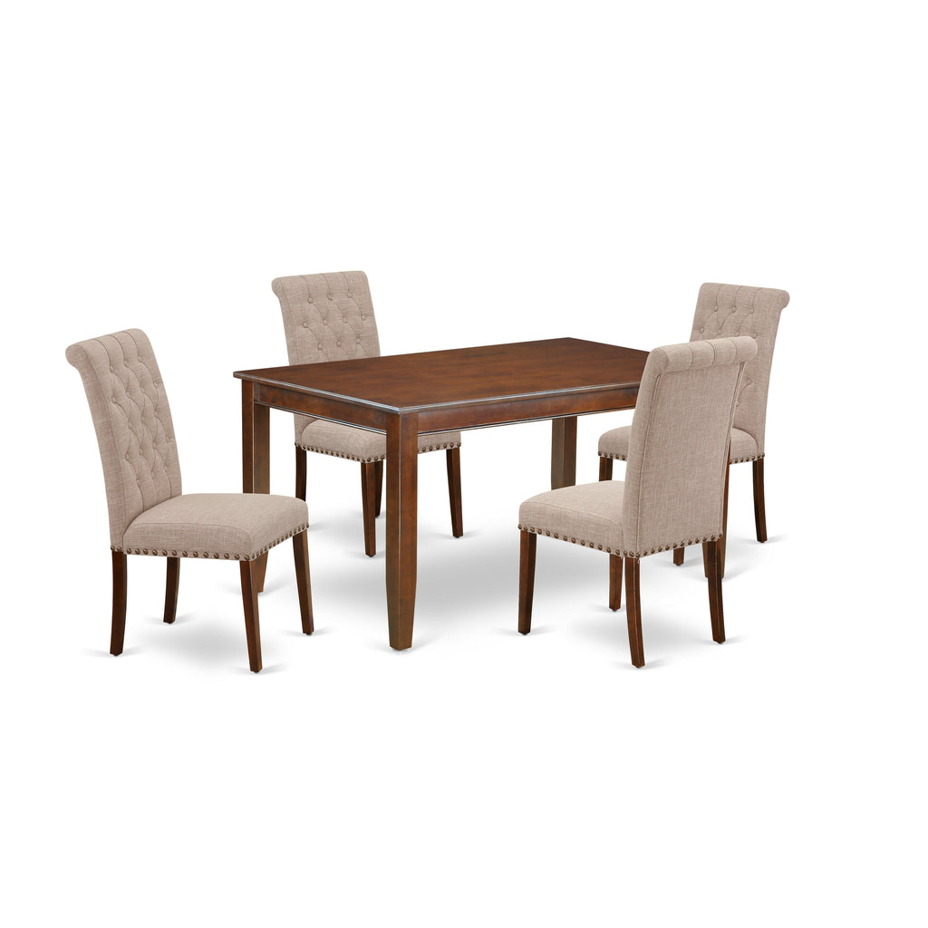 East West Furniture DUBR5-MAH-04 5 Piece Dining Room Table Set Includes a Rectangle Wooden Table and 4 Light Tan Linen Fabric Upholstered Parson Chairs, 36x60 Inch, Mahogany