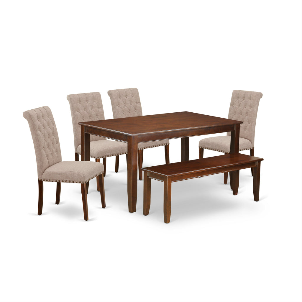 East West Furniture DUBR6-MAH-04 6 Piece Modern Dining Table Set Contains a Rectangle Wooden Table and 4 Light Tan Linen Fabric Parson Chairs with a Bench, 36x60 Inch, Mahogany