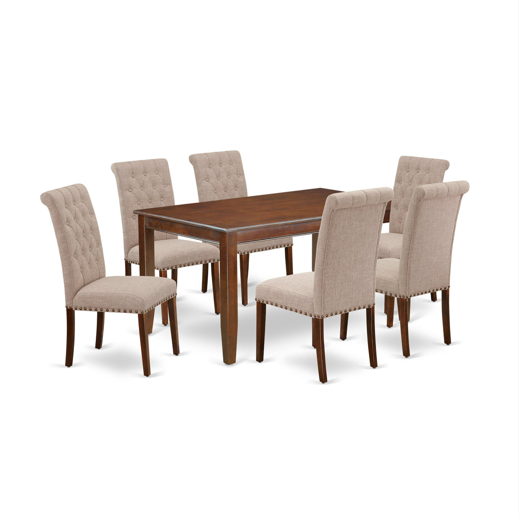 East West Furniture DUBR7-MAH-04 7 Piece Dining Set Consist of a Rectangle Dining Room Table and 6 Light Tan Linen Fabric Upholstered Parson Chairs, 36x60 Inch, Mahogany