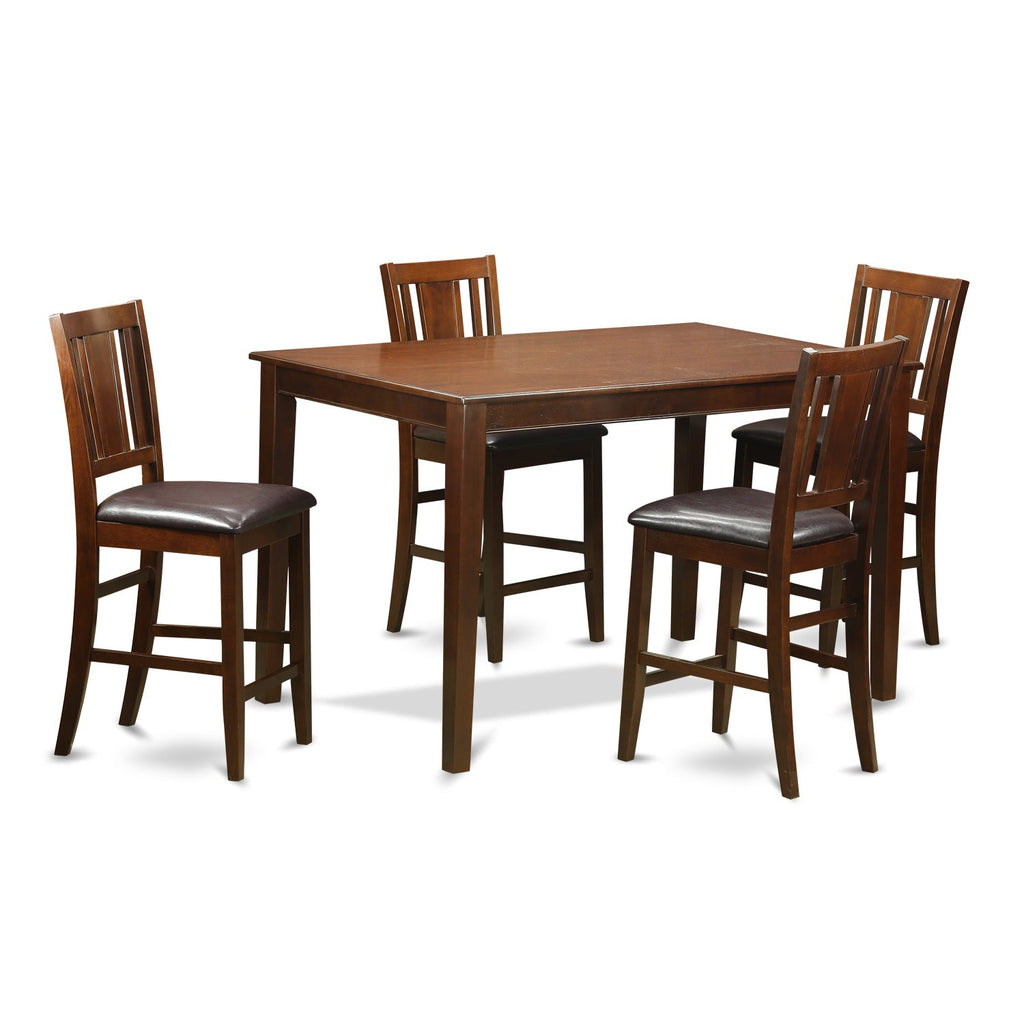 East West Furniture DUBU5H-MAH-LC 5 Piece Counter Height Pub Set Includes a Rectangle Dining Table and 4 Faux Leather Dining Room Chairs, 36x60 Inch, Mahogany