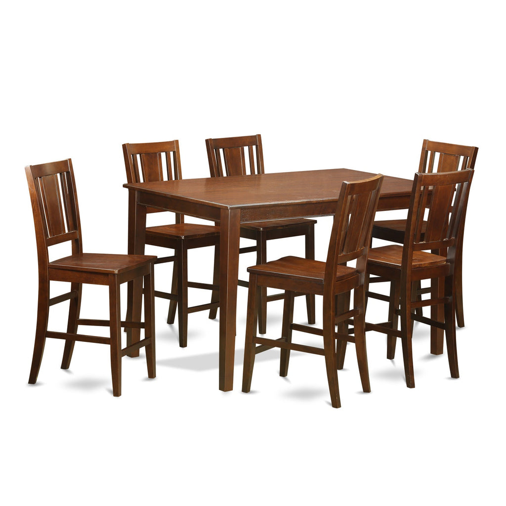 East West Furniture DUBU7H-MAH-W 7 Piece Counter Height Dining Set Consist of a Rectangle Kitchen Table and 6 Dining Room Chairs, 36x60 Inch, Mahogany