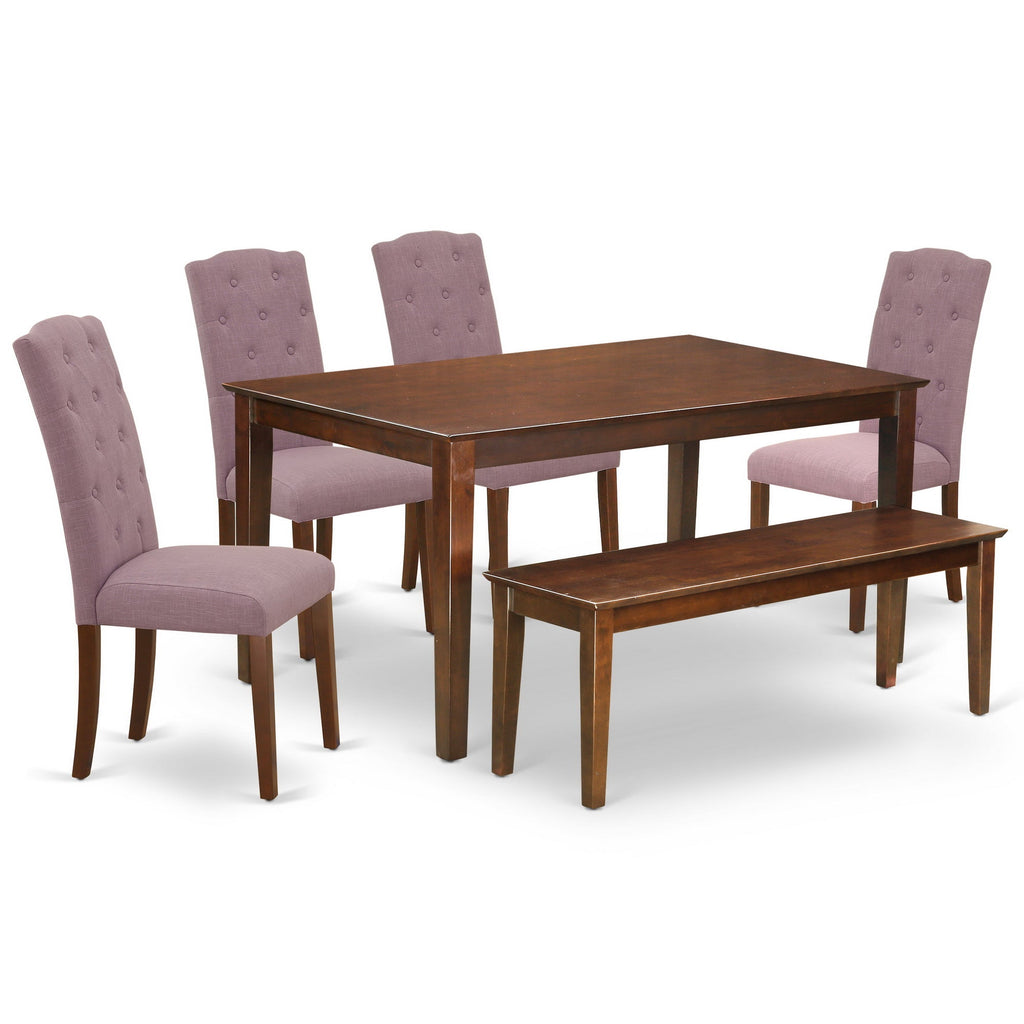 East West Furniture DUCE6-MAH-10 6 Piece Dining Table Set Contains a Rectangle Kitchen Table and 4 Dahlia Linen Fabric Parson Chairs with a Bench, 36x60 Inch, Mahogany
