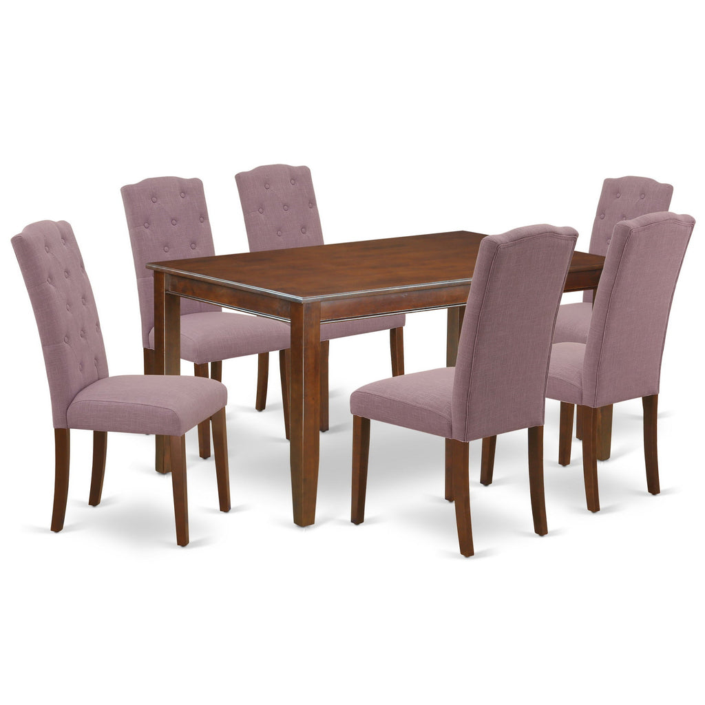 East West Furniture DUCE7-MAH-10 7 Piece Dining Table Set Consist of a Rectangle Wooden Table and 6 Dahlia Linen Fabric Parson Dining Room Chairs, 36x60 Inch, Mahogany