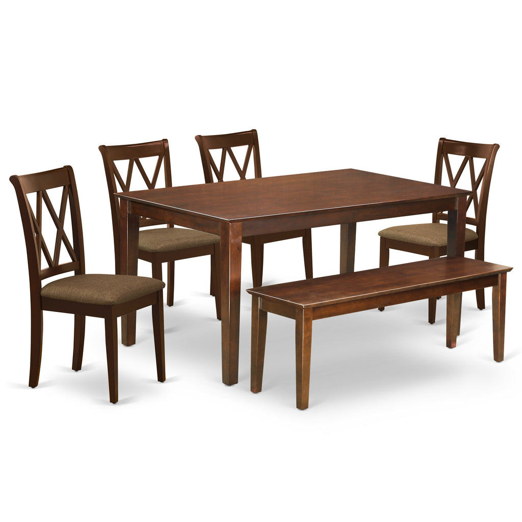 East West Furniture DUCL6-MAH-C 6 Piece Kitchen Table & Chairs Set Contains a Rectangle Dining Room Table and 4 Linen Fabric Dining Chairs with a Bench, 36x60 Inch, Mahogany