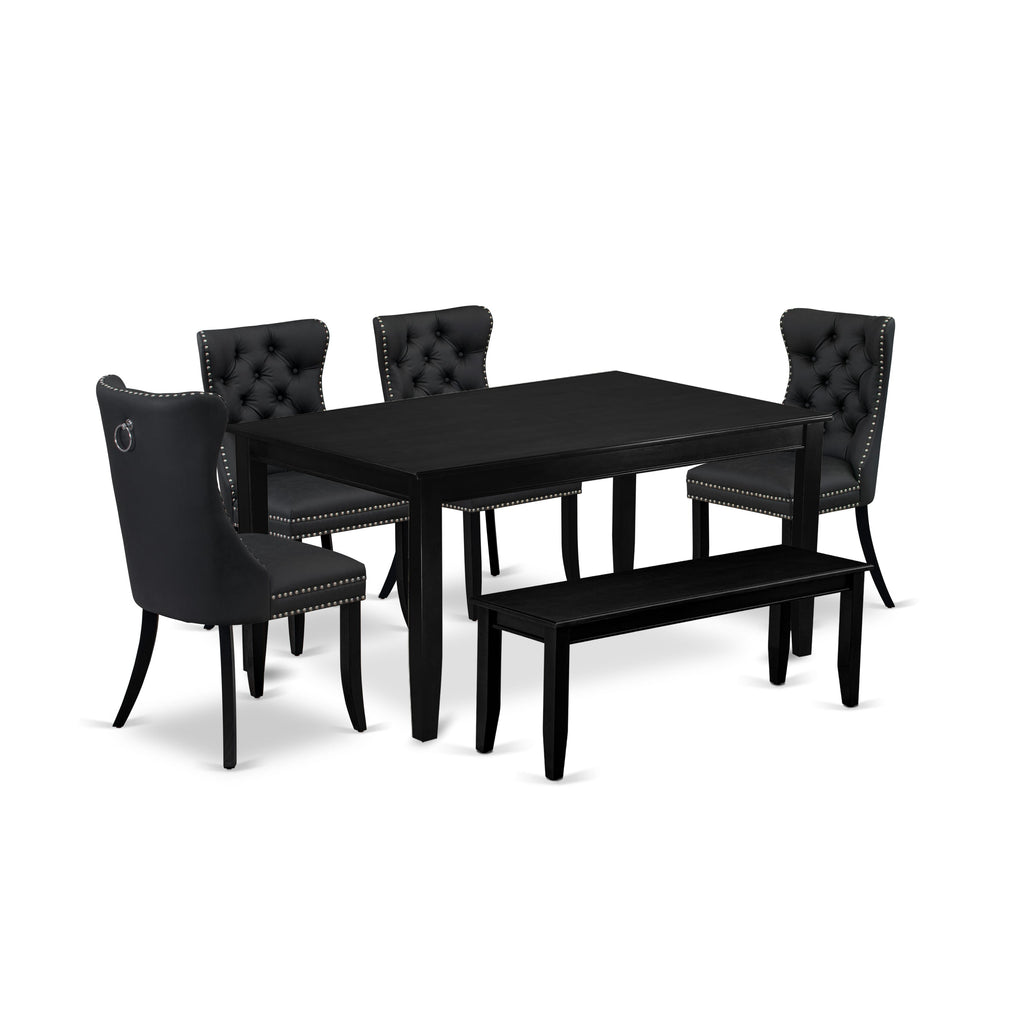 East West Furniture DUDA6-BLK-12 6 Piece Dining Table Set Contains a Rectangle Solid Wood Table and 4 Upholstered Chairs with a Bench, 36x60 Inch, Black