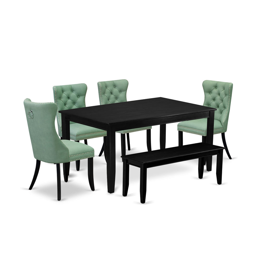 East West Furniture DUDA6-BLK-22 6 Piece Dining Room Set Consists of a Rectangle Solid Wood Table and 4 Upholstered Chairs with a Bench, 36x60 Inch, Black