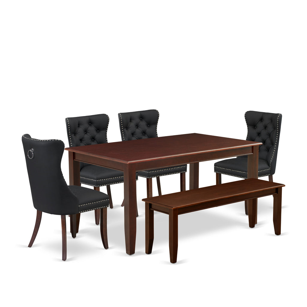 East West Furniture DUDA6-MAH-12 6 Piece Dining Room Set Includes a Rectangle Solid Wood Table and 4 Padded Chairs with a Bench, 36x60 Inch, Mahogany