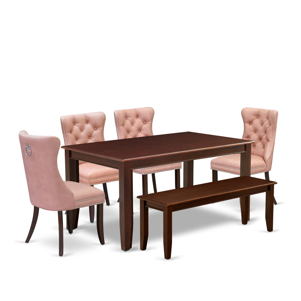 East West Furniture DUDA6-MAH-23 6 Piece Dining Set Contains a Rectangle Kitchen Table and 4 Padded Chairs with a Bench, 36x60 Inch, Mahogany