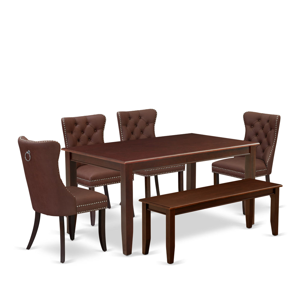 East West Furniture DUDA6-MAH-26 6 Piece Dining Room Set Consists of a Rectangle Solid Wood Table and 4 Padded Chairs with a Bench, 36x60 Inch, Mahogany
