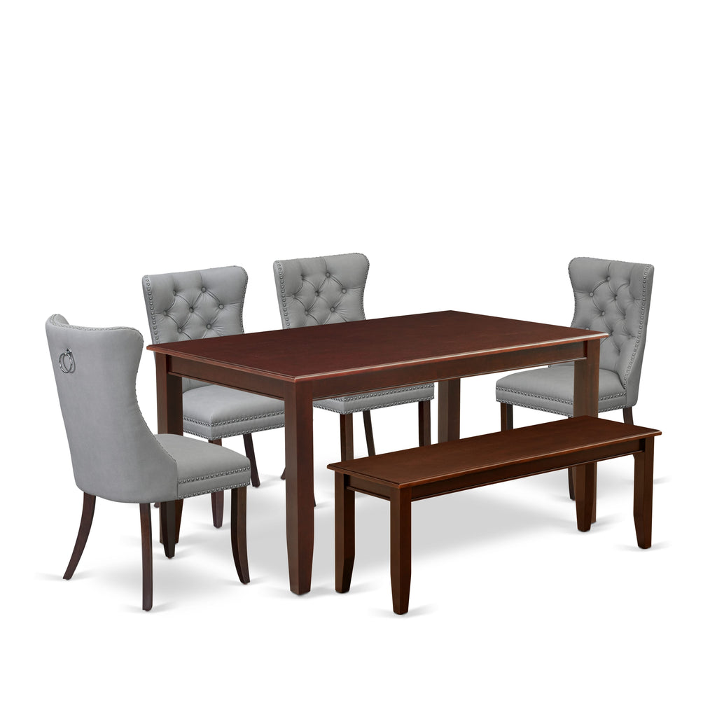 East West Furniture DUDA6-MAH-27 6 Piece Dining Set Includes a Rectangle Kitchen Table and 4 Padded Chairs with a Bench, 36x60 Inch, Mahogany