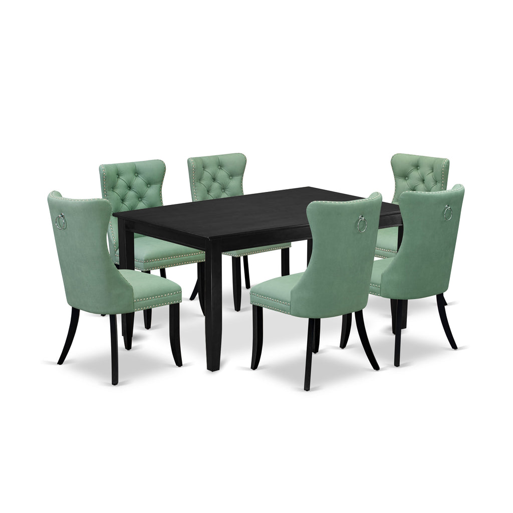 East West Furniture DUDA7-BLK-22 7 Piece Modern Dining Table Set Includes a Rectangle Kitchen Table and 6 Parson Chairs, 36x60 Inch, Black