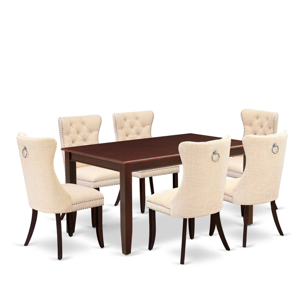 East West Furniture DUDA7-MAH-32 7 Piece Dining Room Table Set Contains a Rectangle Solid Wood Table and 6 Upholstered Parson Chairs, 36x60 Inch, Mahogany