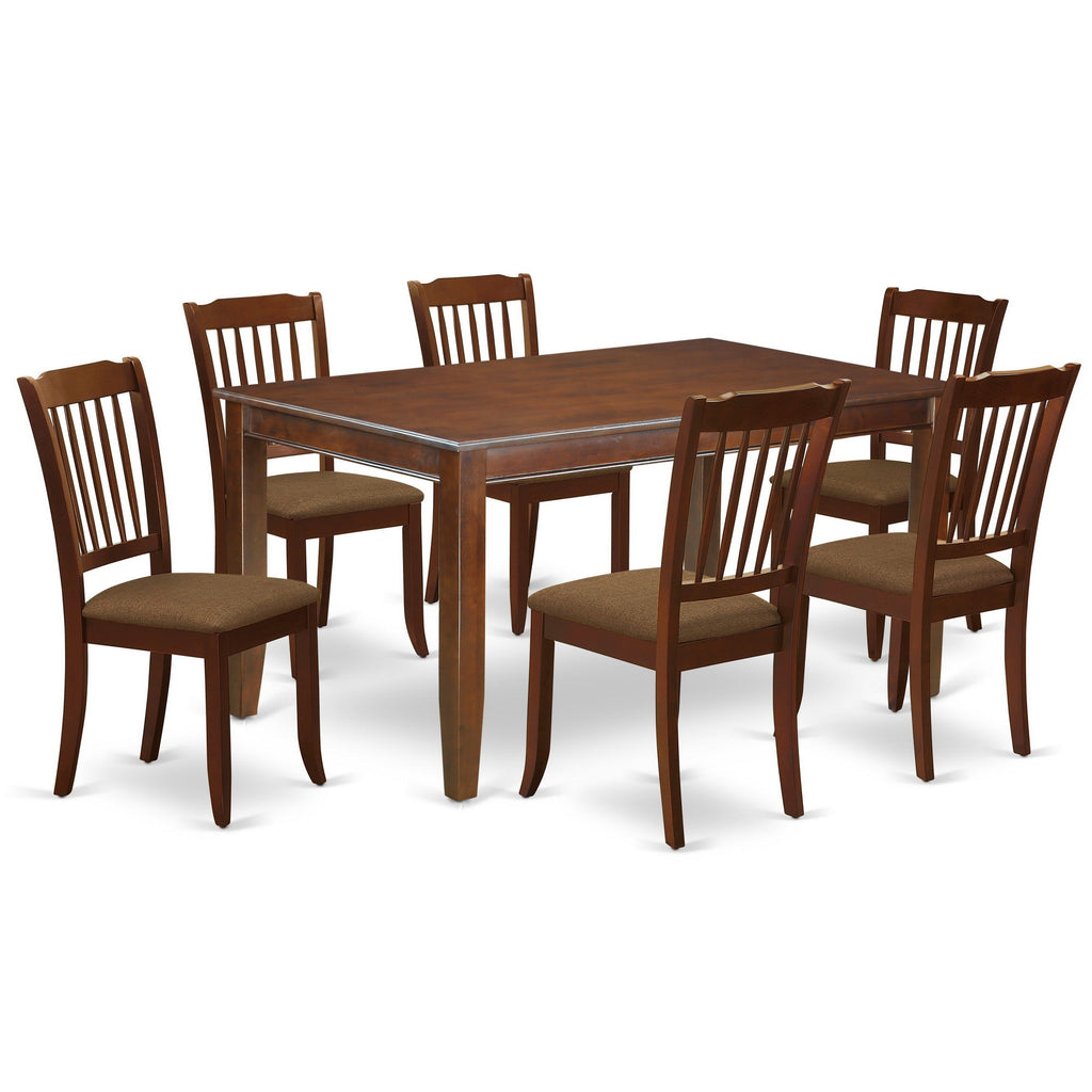 East West Furniture DUDA7-MAH-C 7 Piece Dining Set Consist of a Rectangle Dinner Table and 6 Linen Fabric Kitchen Dining Chairs, 36x60 Inch, Mahogany