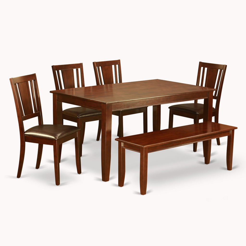 East West Furniture DUDL6-MAH-LC 6 Piece Kitchen Table & Chairs Set Contains a Rectangle Dining Room Table and 4 Faux Leather Dining Chairs with a Bench, 36x60 Inch, Mahogany