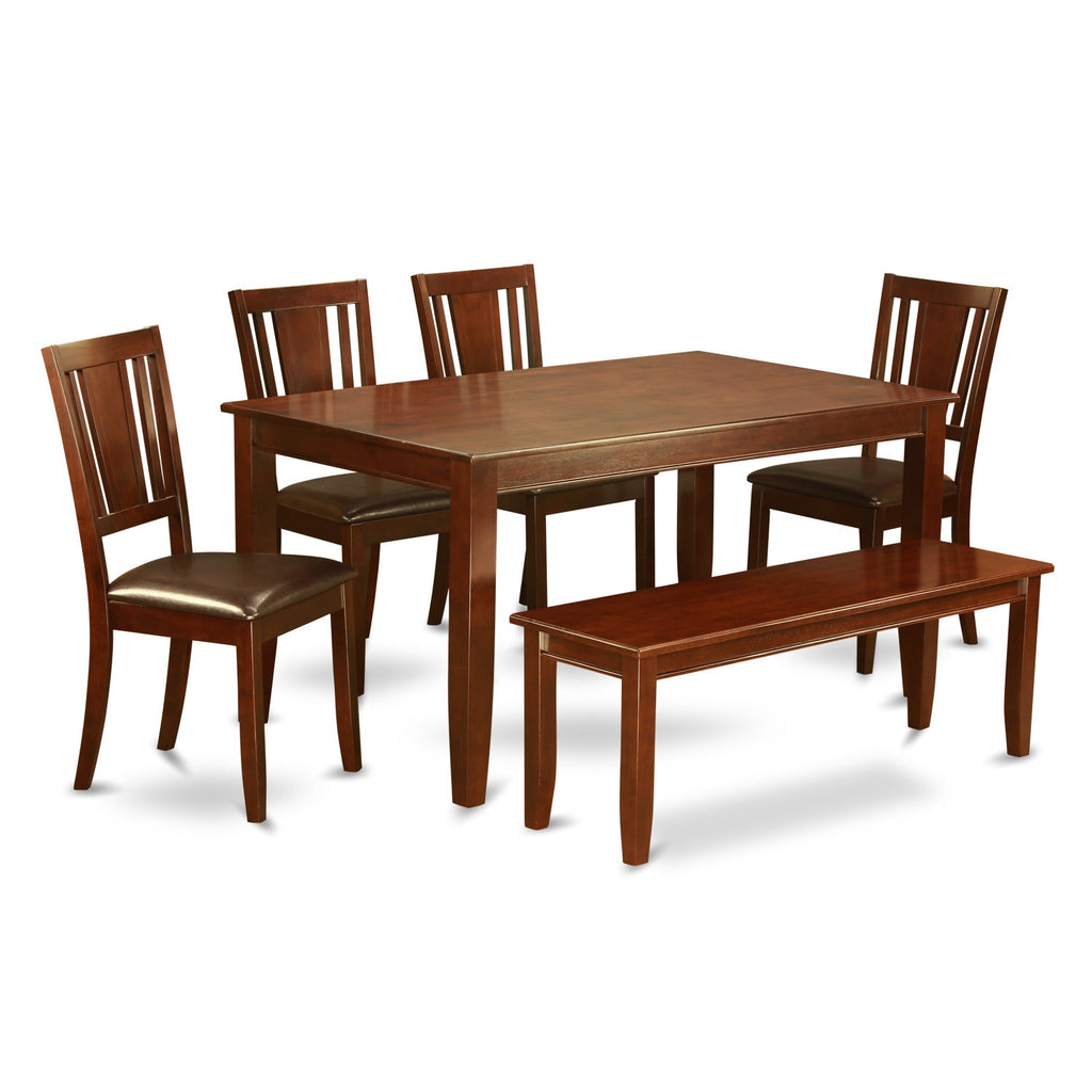 East West Furniture DUDL6D-MAH-LC 6 Piece Dining Table Set Contains a Rectangle Dining Room Table and 4 Faux Leather Upholstered Chairs with a Bench, 36x60 Inch, Mahogany