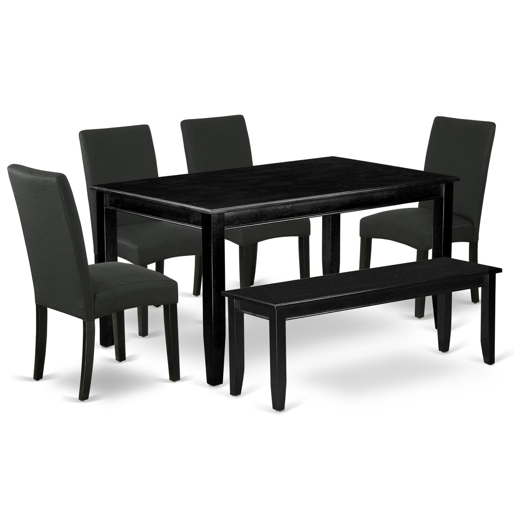 East West Furniture DUDR6-BLK-24 6 Piece Dining Room Table Set Contains a Rectangle Wooden Table and 4 Black Color Linen Fabric Upholstered Chairs with a Bench, 36x60 Inch, Black