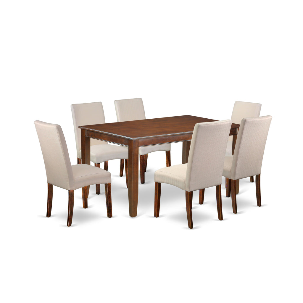 East West Furniture DUDR7-MAH-01 7 Piece Dining Set Consist of a Rectangle Dining Room Table and 6 Cream Linen Fabric Upholstered Parson Chairs, 36x60 Inch, Mahogany