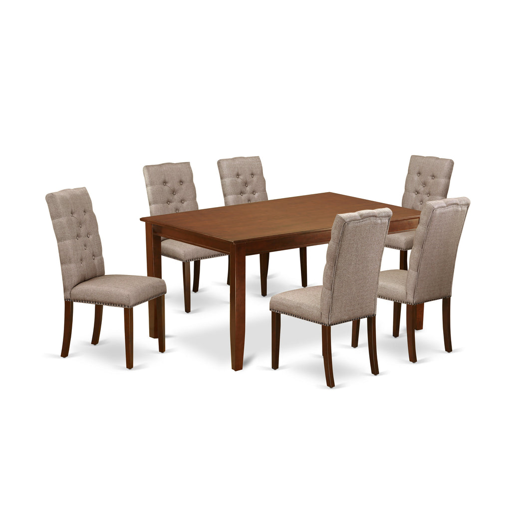 East West Furniture DUEL7-MAH-16 7 Piece Dining Room Table Set Consist of a Rectangle Kitchen Table and 6 Dark Khaki Linen Fabric Parson Dining Chairs, 36x60 Inch, Mahogany