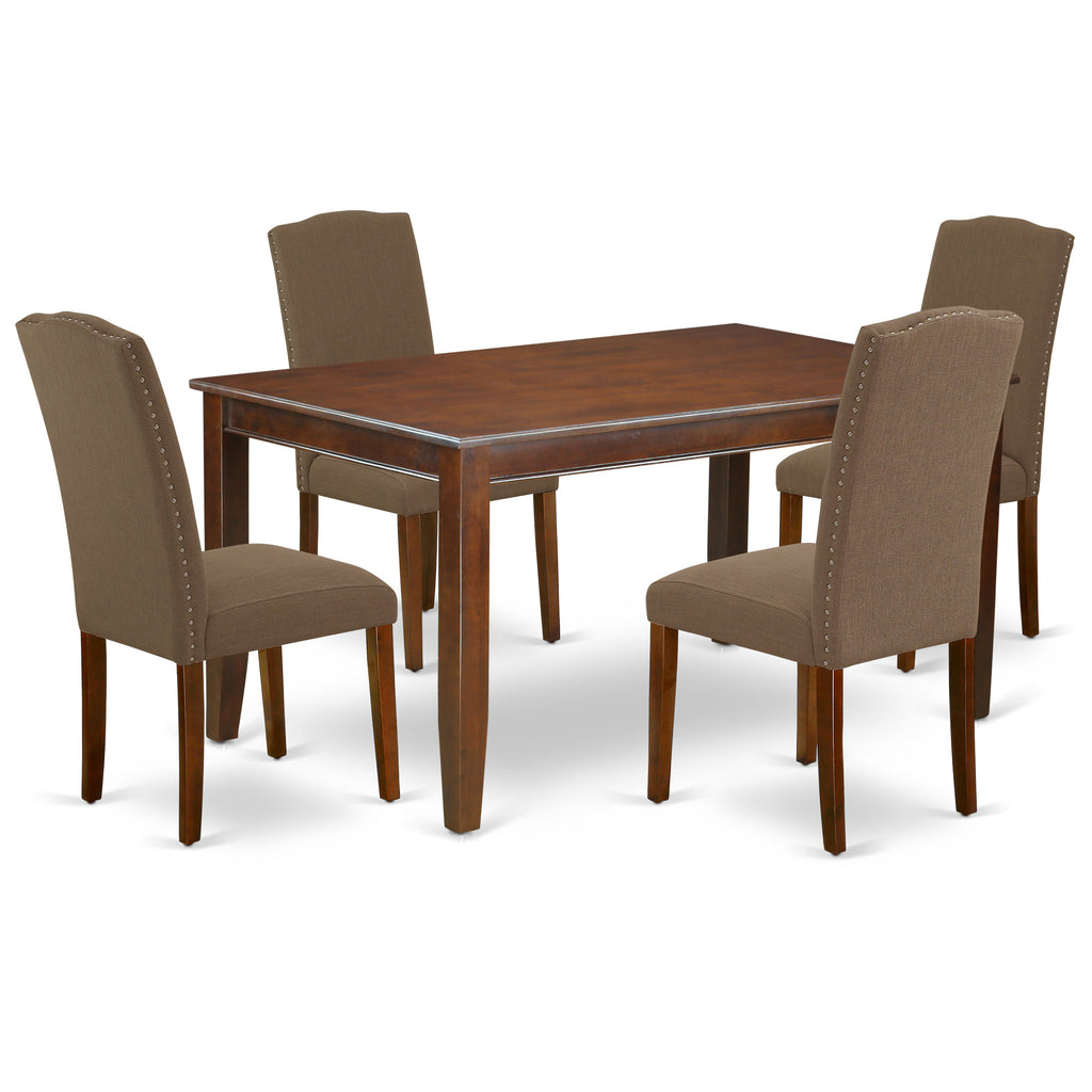 East West Furniture DUEN5-MAH-18 5 Piece Dining Room Furniture Set Includes a Rectangle Dining Table and 4 Dark Coffee Linen Fabric Upholstered Parson Chairs, 36x60 Inch, Mahogany