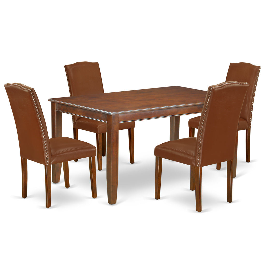 East West Furniture DUEN5-MAH-66 5 Piece Dining Table Set for 4 Includes a Rectangle Kitchen Table and 4 Brown Faux Faux Leather Parson Dining Chairs, 36x60 Inch, Mahogany