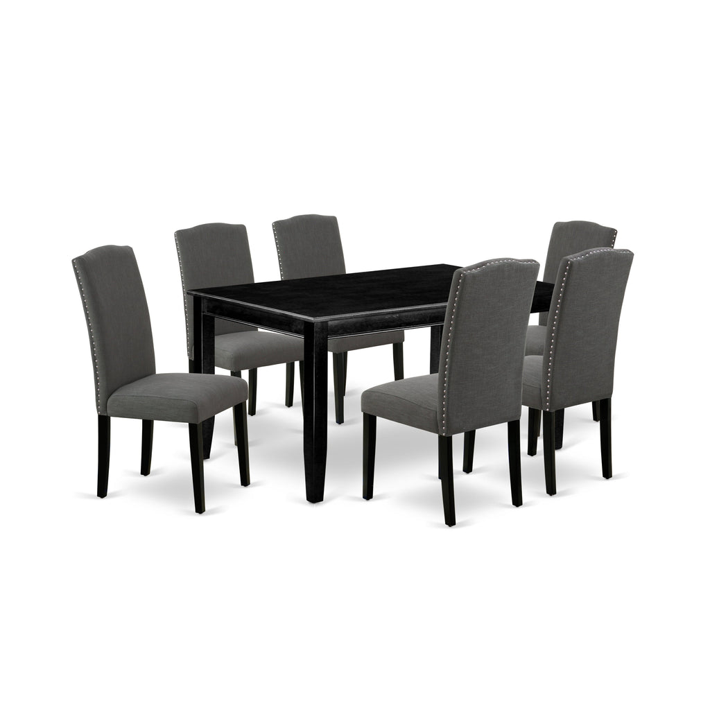 East West Furniture DUEN7-BLK-20 7 Piece Modern Dining Table Set Consist of a Rectangle Wooden Table and 6 Dark Gotham Linen Fabric Upholstered Chairs, 36x60 Inch, Black