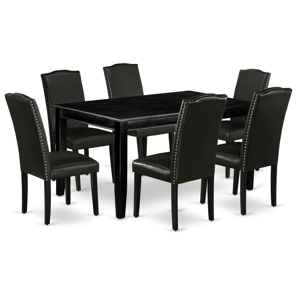 East West Furniture DUEN7-BLK-69 7 Piece Dining Table Set Consist of a Rectangle Kitchen Table and 6 Black Faux Leather Parson Dining Chairs, 36x60 Inch, Black