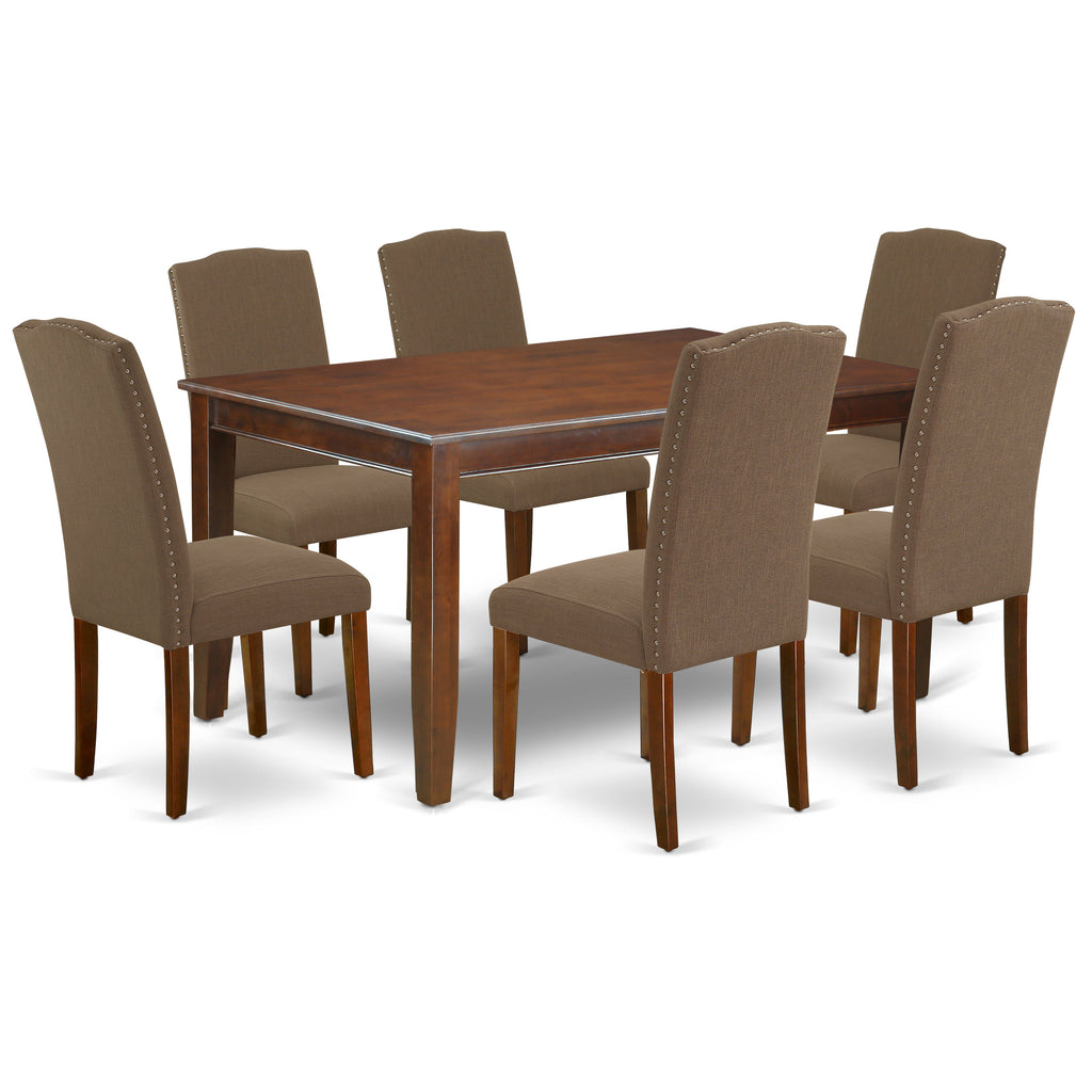 East West Furniture DUEN7-MAH-18 7 Piece Dining Table Set Consist of a Rectangle Dining Room Table and 6 Dark Coffee Linen Fabric Upholstered Parson Chairs, 36x60 Inch, Mahogany