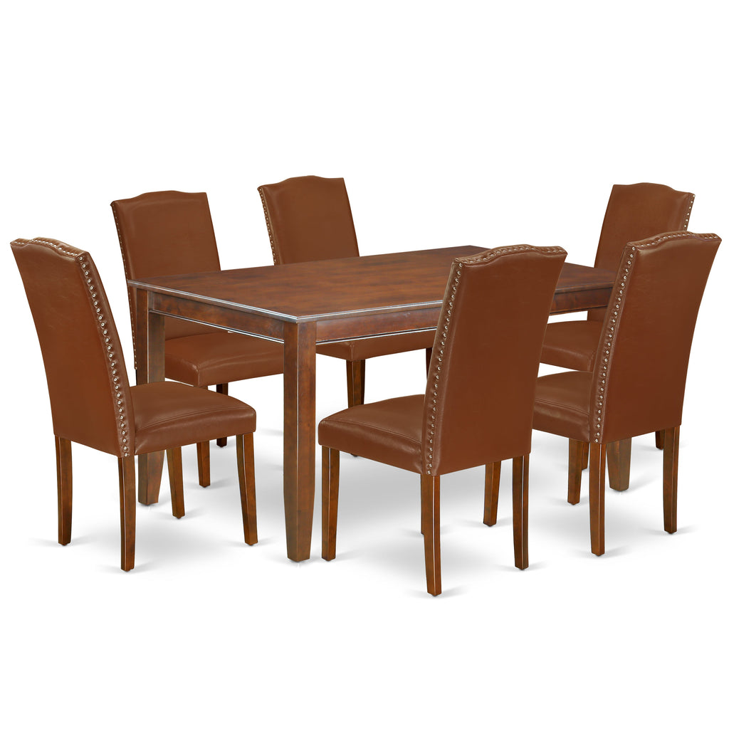East West Furniture DUEN7-MAH-66 7 Piece Kitchen Table Set Consist of a Rectangle Dining Table and 6 Brown Faux Faux Leather Parson Dining Room Chairs, 36x60 Inch, Mahogany