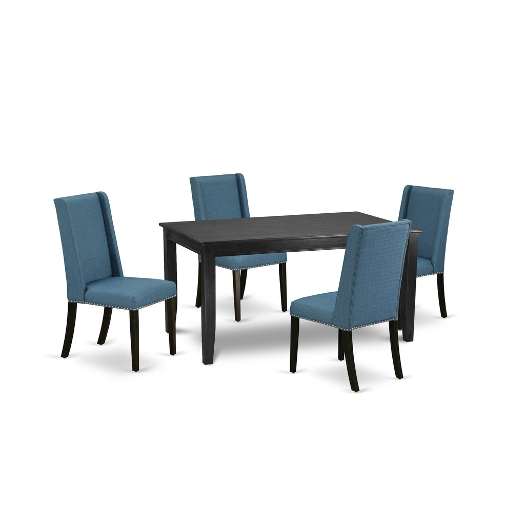 East West Furniture DUFL5-BLK-21 5 Piece Kitchen Table & Chairs Set Includes a Rectangle Dining Room Table and 4 Blue Linen Fabric Parsons Dining Room Chairs, 36x60 Inch, Black
