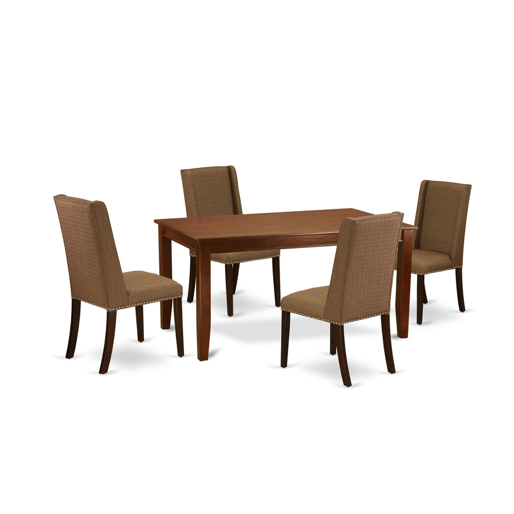 East West Furniture DUFL5-MAH-18 5 Piece Dining Set Includes a Rectangle Dining Room Table and 4 Brown Linen Linen Fabric Upholstered Parson Chairs, 36x60 Inch, Mahogany