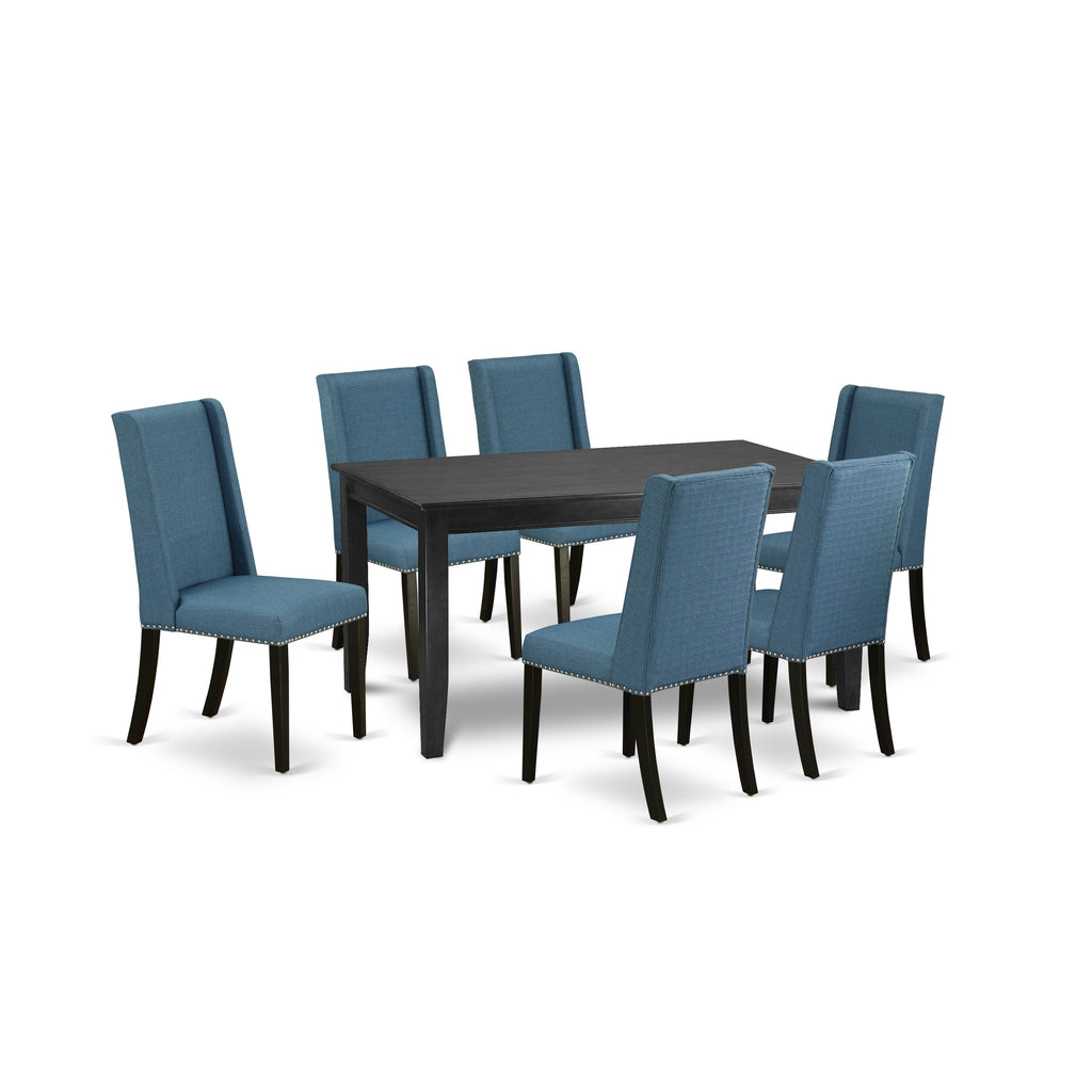 East West Furniture DUFL7-BLK-21 7 Piece Kitchen Table Set Consist of a Rectangle Dining Table and 6 Blue Linen Fabric Parsons Dining Chairs, 36x60 Inch, Black