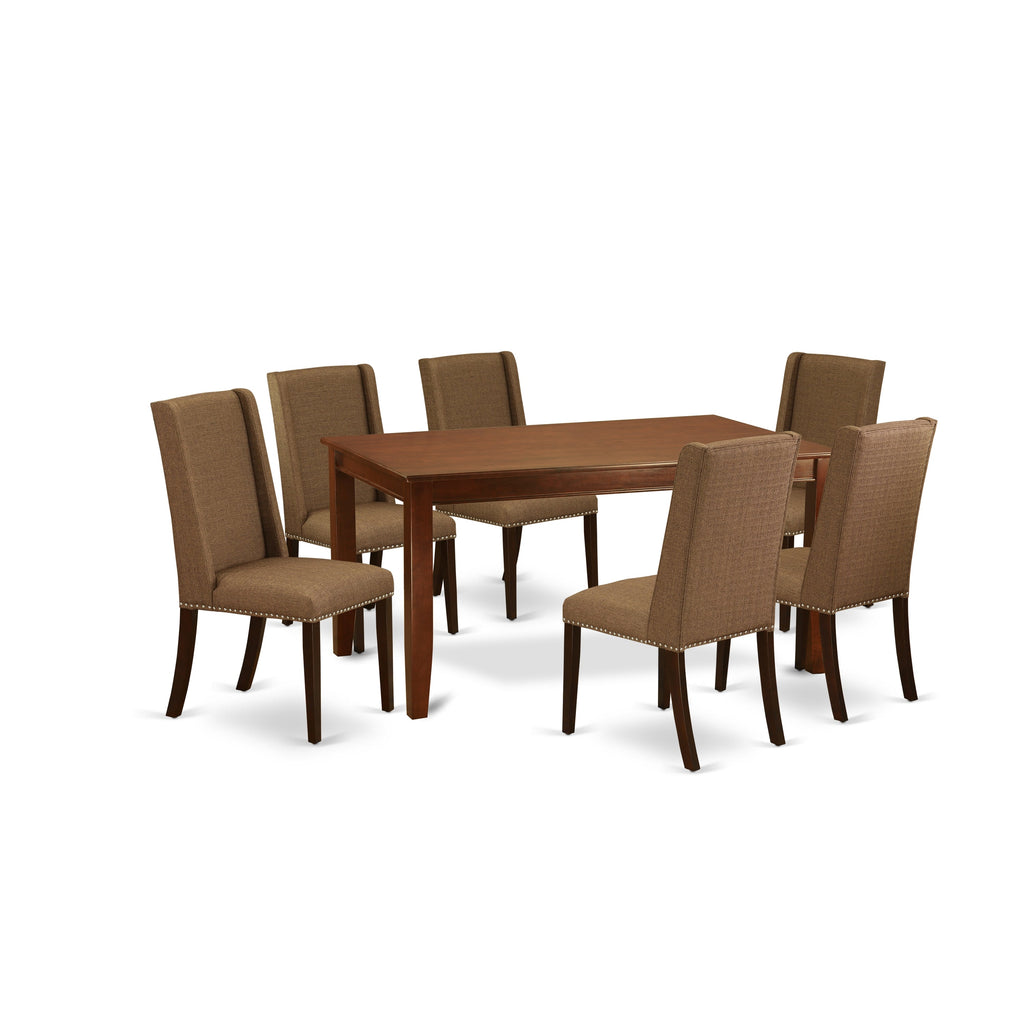 East West Furniture DUFL7-MAH-18 7 Piece Dinette Set Consist of a Rectangle Dining Room Table and 6 Brown Linen Linen Fabric Upholstered Parson Chairs, 36x60 Inch, Mahogany