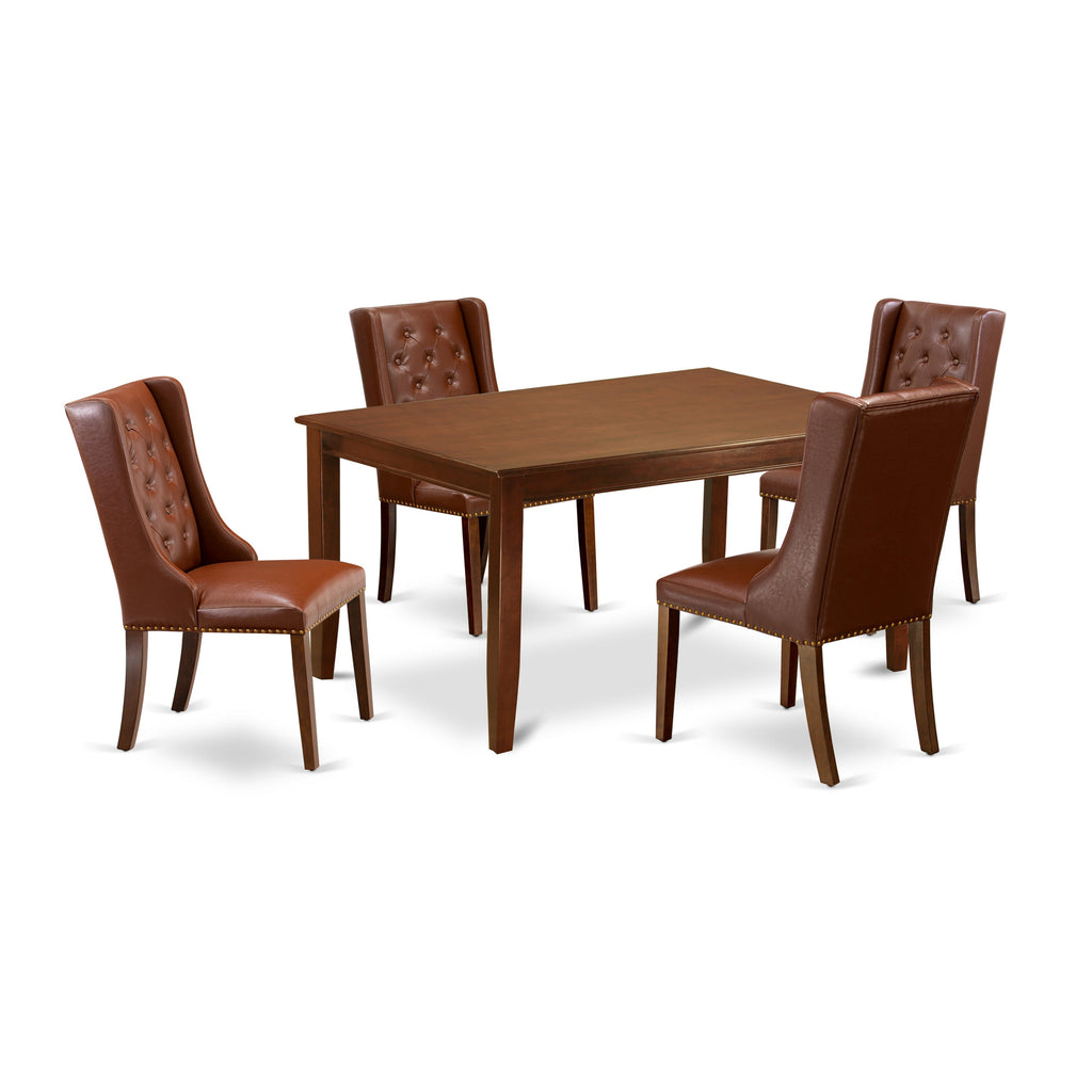 East West Furniture DUFO5-MAH-46 5 Piece Dining Table Set Includes a Rectangle Dining Room Table and 4 Brown Faux Faux Leather Upholstered Parson Chairs, 36x60 Inch, Mahogany